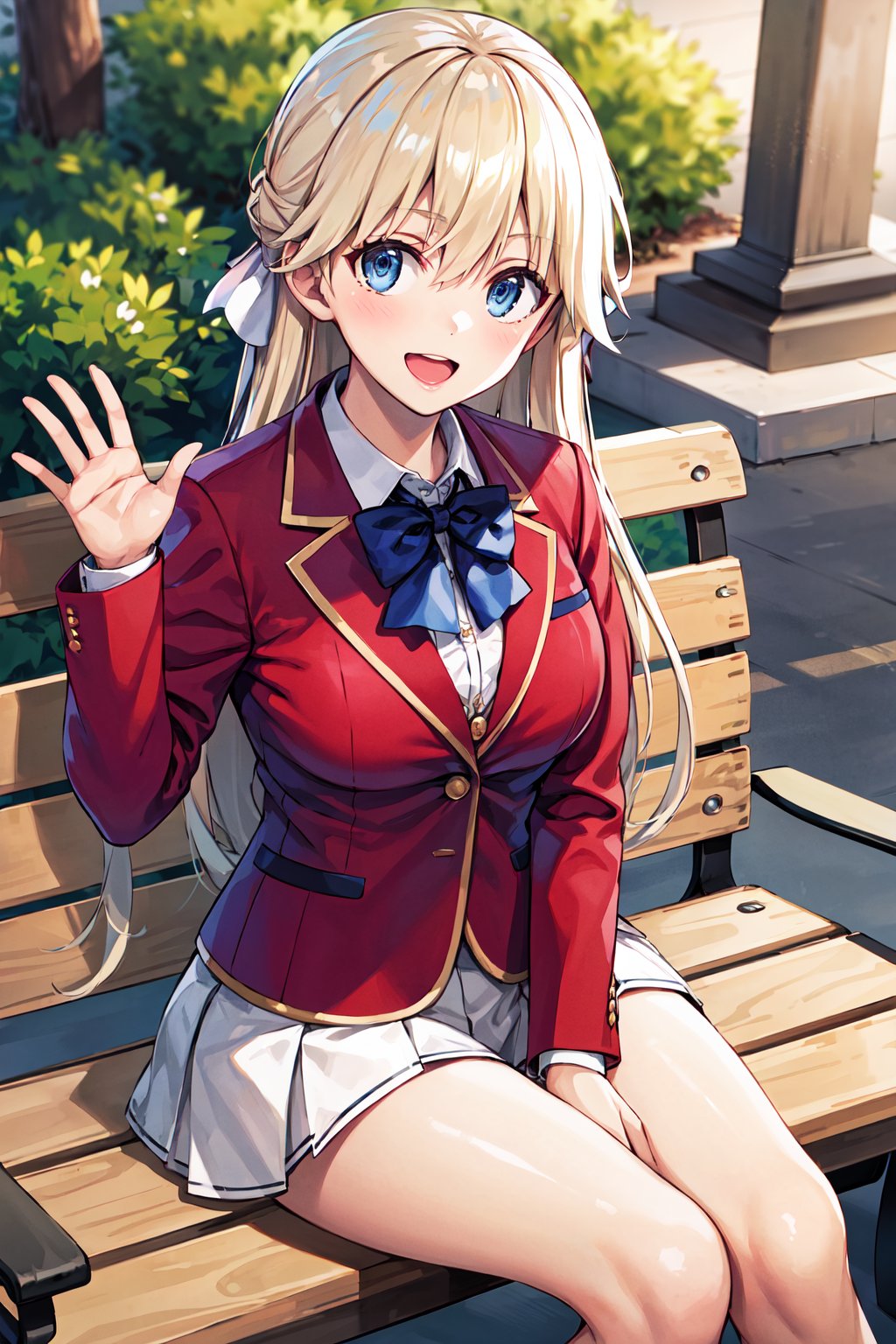 masterpiece, best quality, highres, 1girl, solo, long hair, blonde hair, hair ribbon, bangs, blue eyes, blue bowtie, collared shirt, blazer, red jacket, long sleeves, pleated skirt, white skirt, <lora:nanase_tsubasa_v1:0.7>, sitting, outdoors, bench, waving, smile, open mouth, 