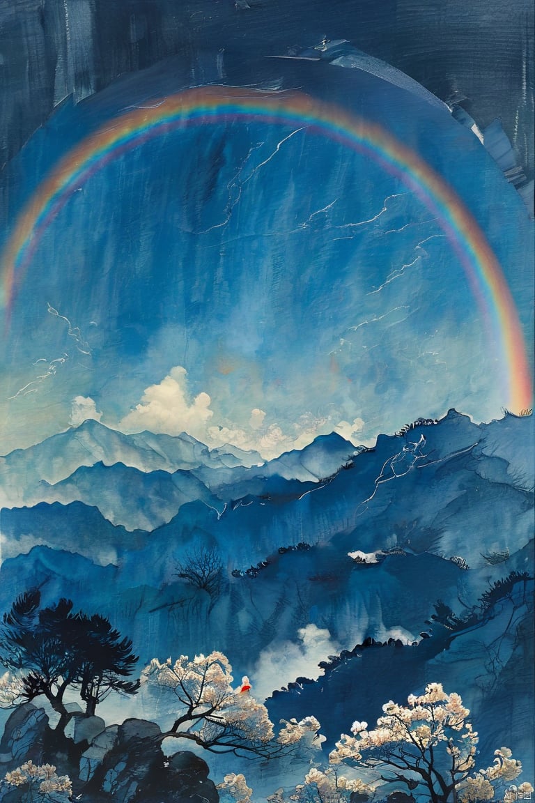 Chinese ink painting,lushan mountain,waterfall,sea of clouds,clear with a rainbow,lenticular,Masculine colors,Dark blue, gray, and black colors,Cowboy shot,by Wu Guanzhon,,dark fairy tale,,fflix_shards,,John Albert Bauer Style,by Alphonse Mucha,,FantacyWorld,,traditional media<lora:EMS-307144-EMS:0.800000>