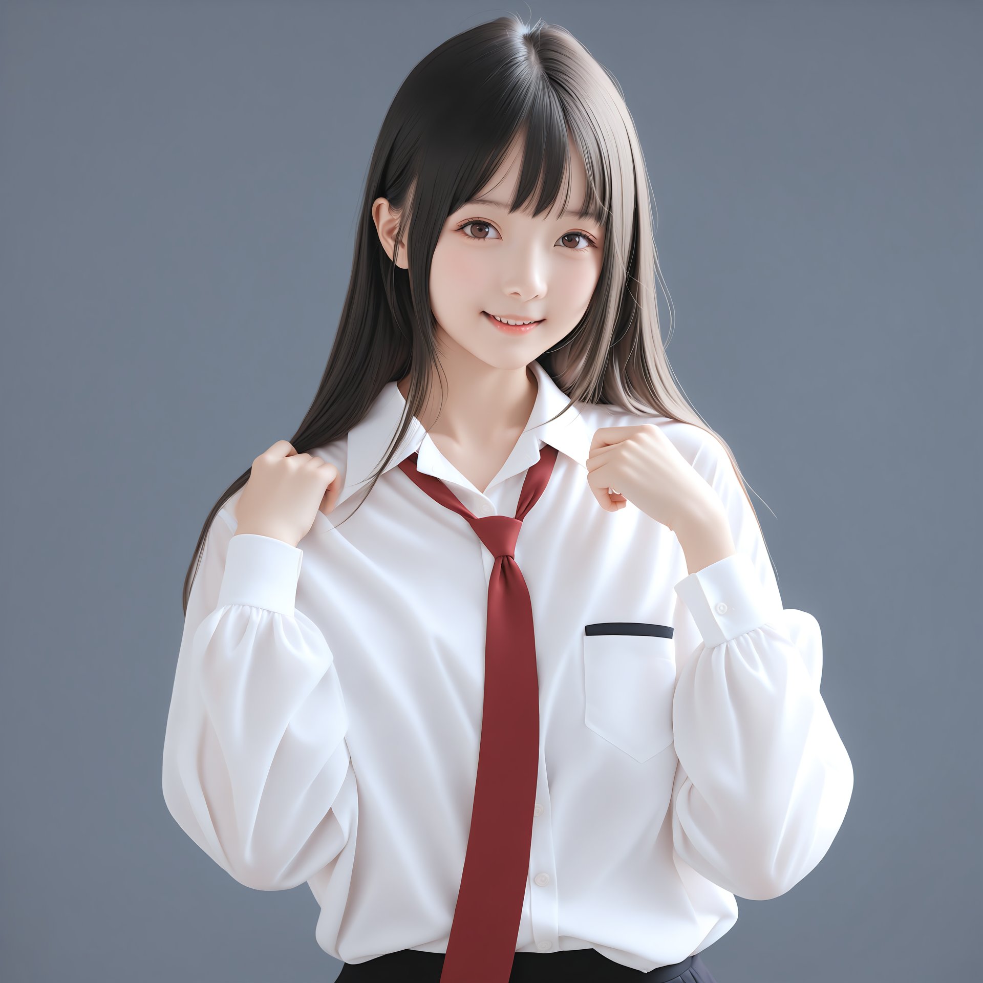 masterpiece,best quality,high quality,realistic,1girl,red necktie,Long sleeve shirt,White shirt,looking at viewer,long hair,Unfasten the collar,Expose shoulders,white shirt,black background,simple background,smile 