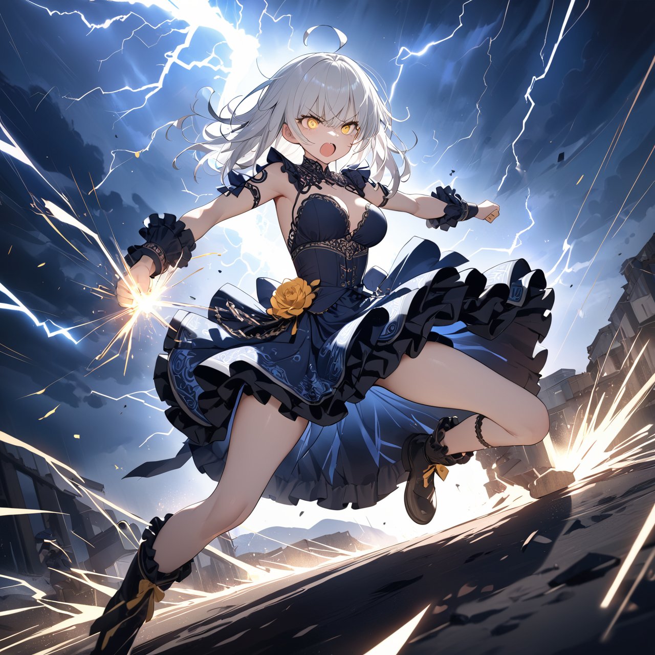 masterpiece, best quality, 1girl, solo, (motion lines:1.1), bloom, cinematic lighting, full body, white hair, yellow eyes, intricate skirt, (fighting:1.2), angry, (thunder:1.3), (flying sparks), dynamic angle