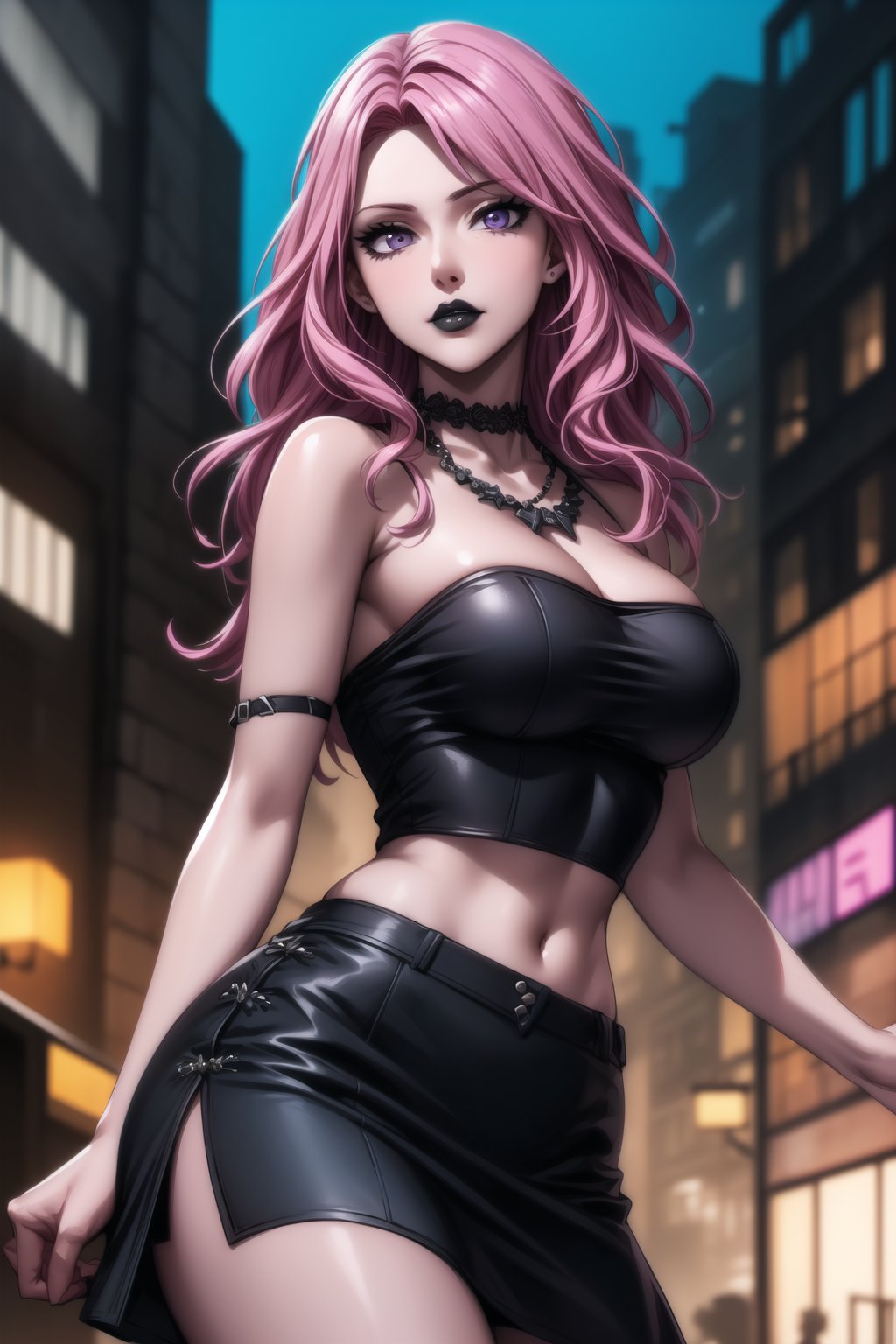 ((best quality)), ((highly detailed)), masterpiece, ((official art)), detailed face, beautiful face, (detailed eyes, deep eyes), seductive posing, (cowboy shot),Vanessa, purple eyes,, (sexy:1.3), (long straight pink hair, dark pink hair, long straight hair, hair covering one eye:1.3), (makeup, black lips:1.3),(  pale white skin, very white skin, goth, long eyelashes, medium to big breasts, black necklace, black fishnet shirt, black tube top, black fishnet shirt over black tube top, black skirt, city street, nighttime)), intricately detailed, hyperdetailed, blurry background, depth of field, best quality, masterpiece, intricate details, tonemapping, sharp focus, hyper detailed, trending on Artstation, 1 girl, high res, official art, ,secre,Vanessa<lora:EMS-93-EMS:0.600000>, <lora:EMS-31593-EMS:0.200000>, <lora:EMS-28161-EMS:0.300000>, <lora:EMS-401523-EMS:0.800000>, <lora:EMS-263815-EMS:0.500000>