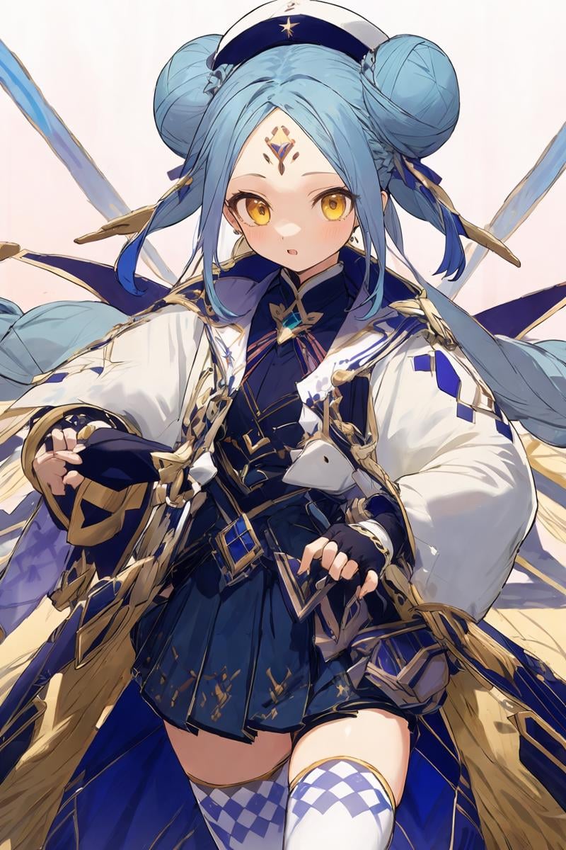 <lora:希夕莉:0.8> 1girl, hat, braid,Light blue hair, thighhighs,yellow eyes,skirt, fingerless gloves, long sleeves, double bun,small white thighhighs,forehead jewel,upper body,, masterpiece, best quality,intricate details