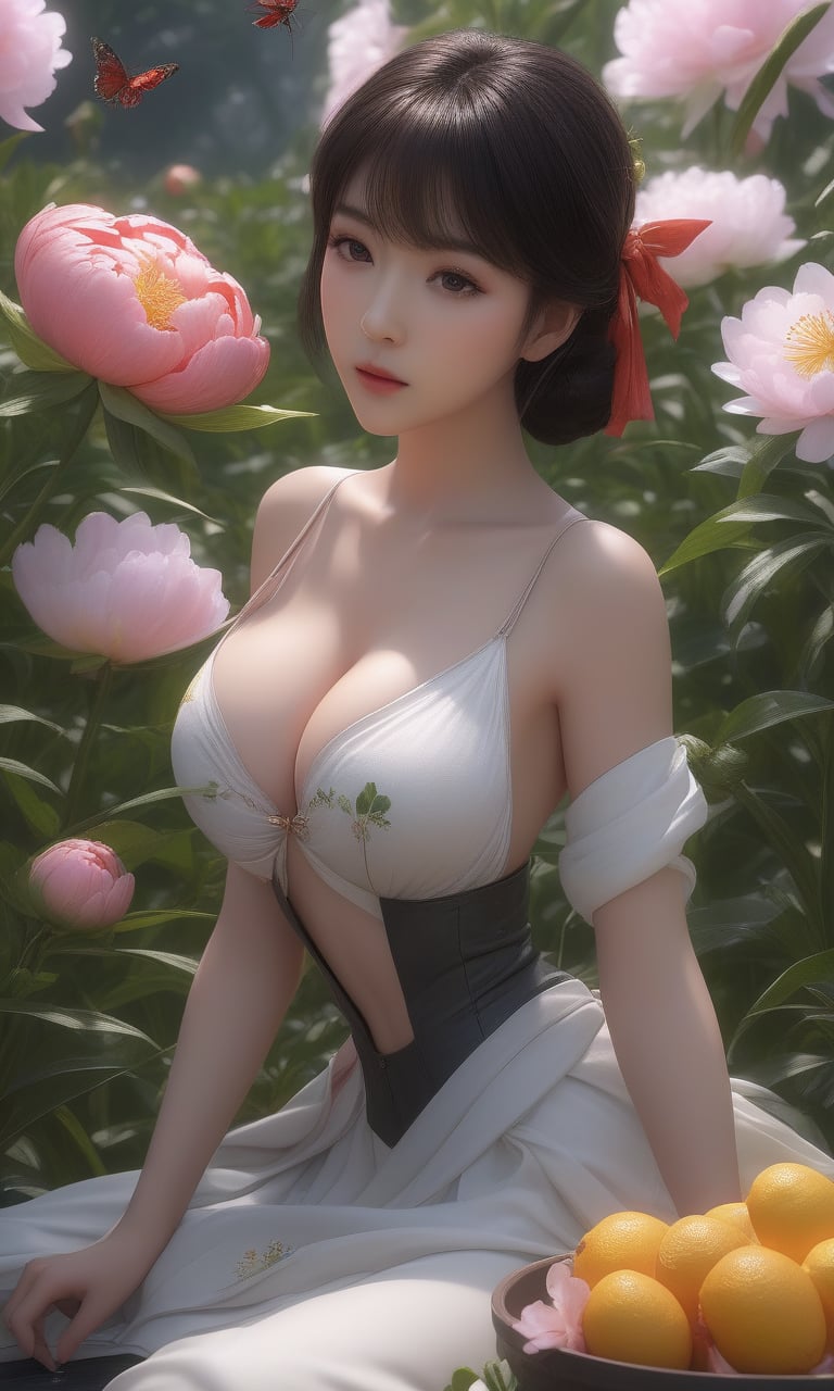 (,1girl, pov,best quality, )masterpiece, fantasy, realistic,science fiction,mole, ultra realistic 8k cg, ,tamari \(flawless\),  cleavage,large breasts  ,peony \(flower\), rapeseed blossoms, lemon blossoms, orange blossoms, spider lily, lily \(flower\) strawberry blossoms      ((()))