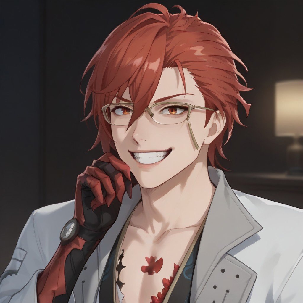 mortefi, red hair, eyeglasses, white robe,1boy, solo, laughing, crazy smile, mad professor