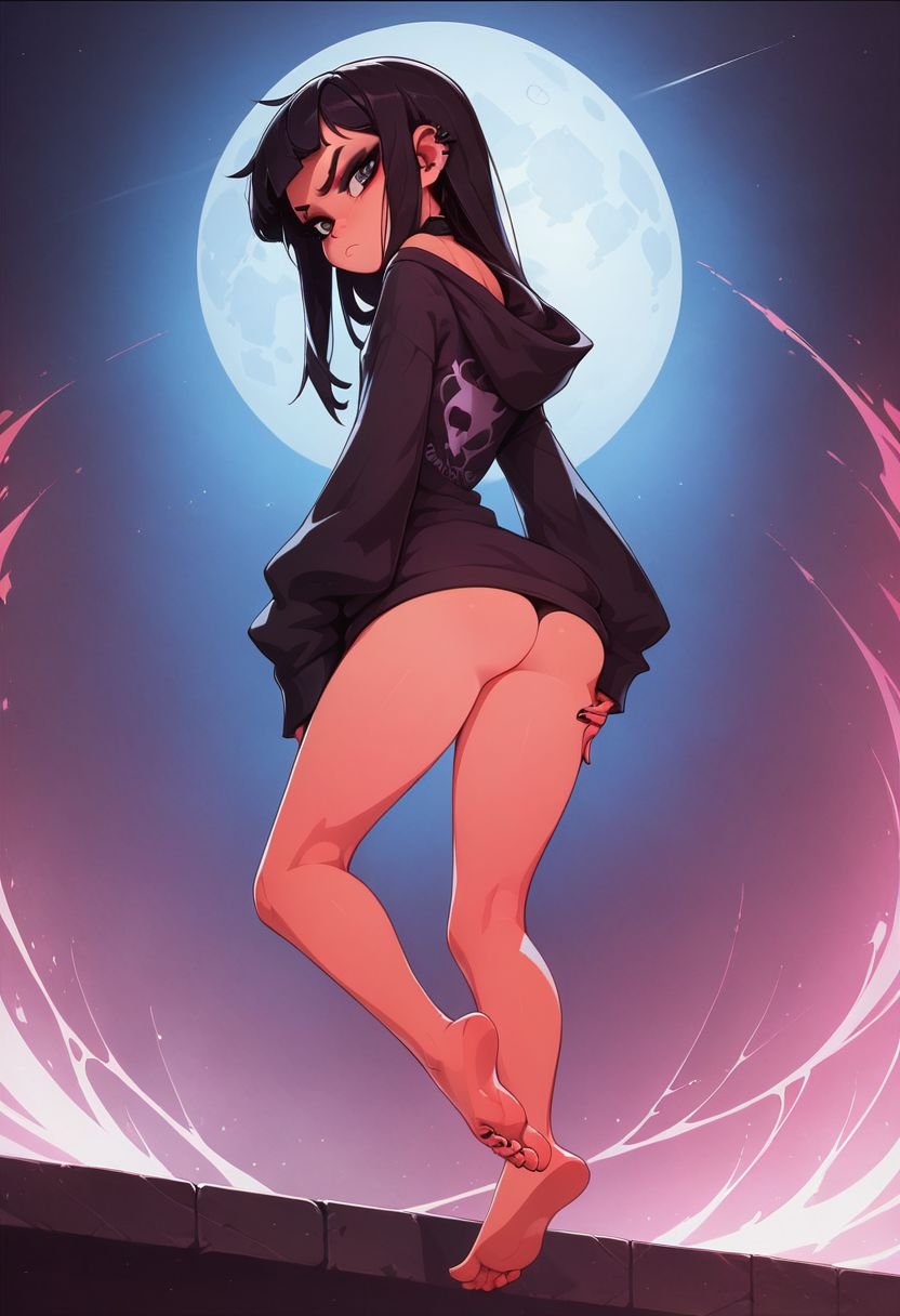 score_9, score_8_up, score_8, volumetric lighting, vibrant colors, goth girl , black hair, oversized hoodie. (barefoot), feet, young, pretty girl with long hair, flat chest, small hips, small ass, skinny, tits bursting out of her top. Annoyed look , in her room,