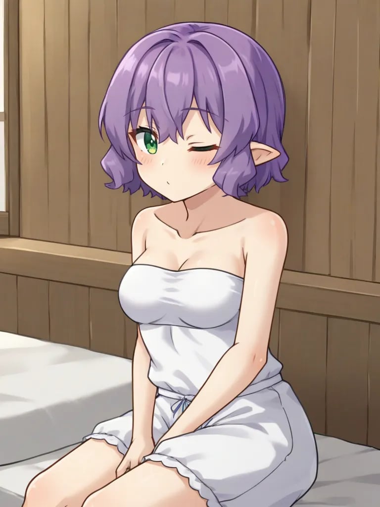 <lora:noelgmeister2pony:0.7>1girl, solo, noelgm2, purple hair, short hair, green eyes, pointy ears, medium breasts strapless, white croptop, sleeveless, white bloomers, sitting, bed, one eye closed, indoors, wooden house,