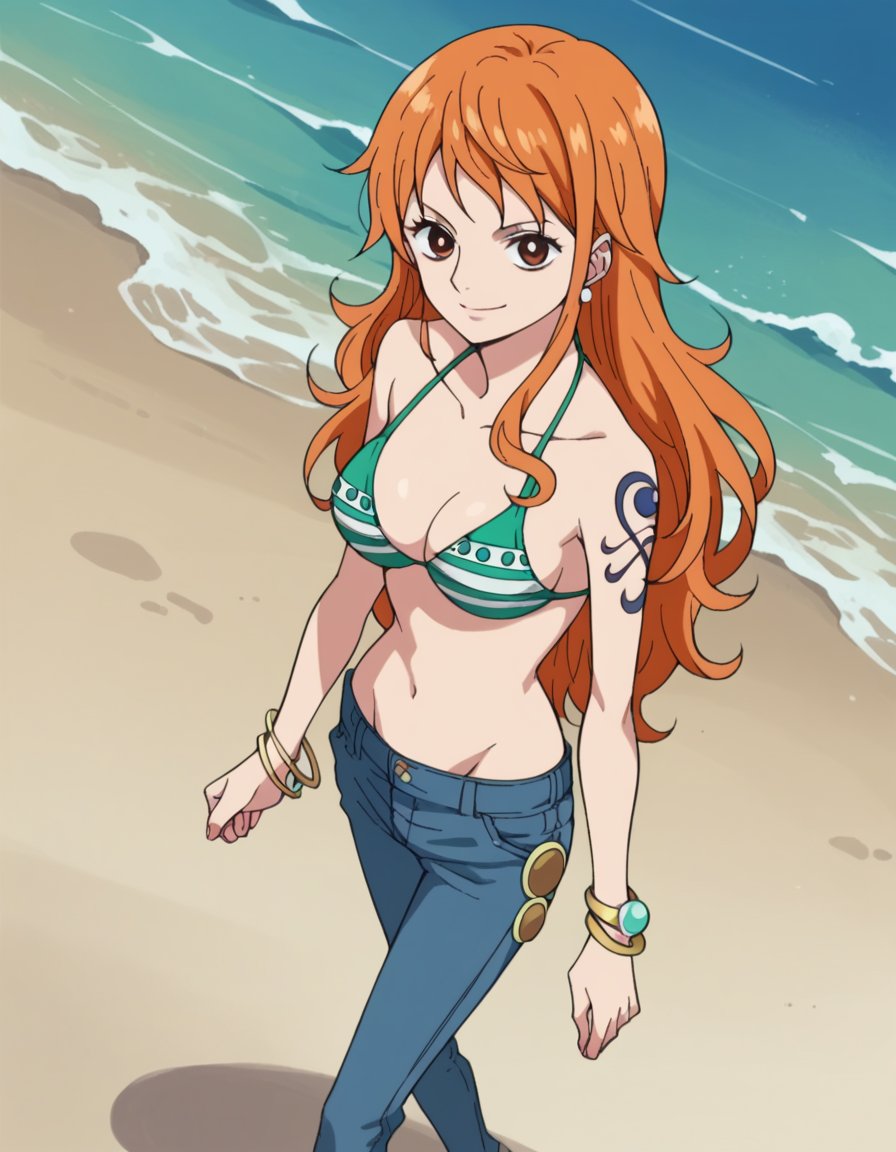 score_9, score_8_up, score_7_up, source_anime,onepiecenami, <lora:one-piece-nami-s15-ponyxl-lora-nochekaiser:1>nami, long hair, orange hair, brown eyes,jewelry, swimsuit, bikini, earrings, pants, high heels, bracelet, denim, bikini top only, jeans, tattoo,outdoors, beach, smile,looking at viewer, dutch angle, cowboy shot