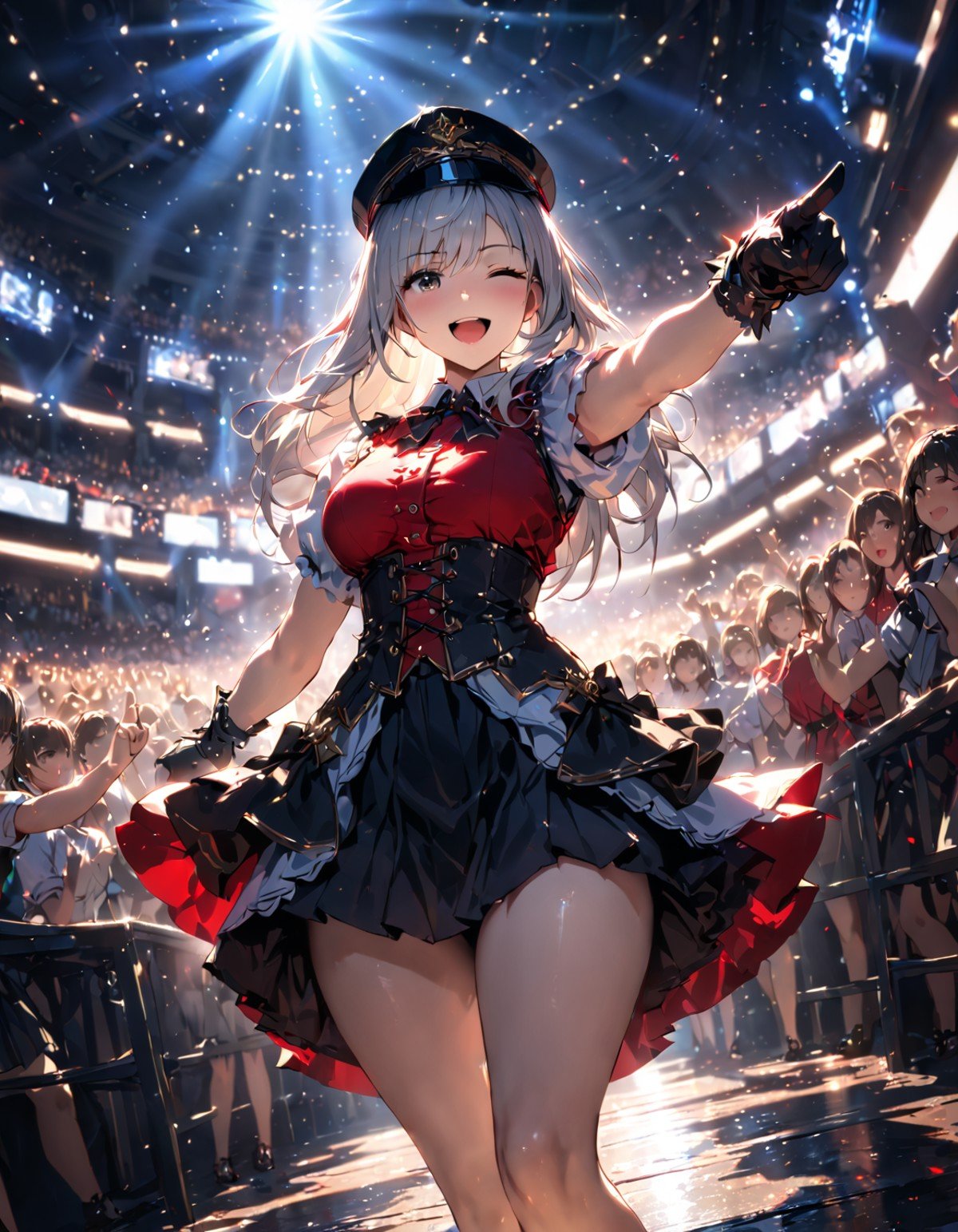 anime,1girl,white long hair,gray eyes, white shirt, idol clothes, one eye closed, red shirt, black skirt, black headwear, gloves, stage light, singing, open mouth, crowd, smile, pointing at viewer, masterpiece, best quality (Depth of field hdr 8k 4k wallpaper cinematic angle, cinematic lighting,:1.5) (masterpiece, best quality:2.0), (Depth of field hdr 8k 4k wallpaper cinematic angle, cinematic lighting,:1.5) (masterpiece, best quality:2.0)