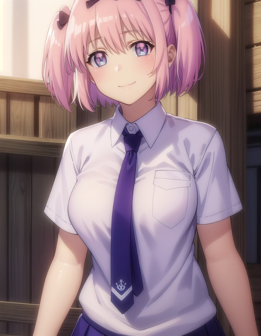 skhibari, <lora:sk hibari s1-lora-nochekaiser:1>,hibari, short hair, bow, twintails, pink hair, hair bow, symbol-shaped pupils, short twintails, blue eyes,BREAK skirt, bow, school uniform, necktie, purple skirt,BREAK outdoors, classroom,BREAK looking at viewer, (cowboy shot:1.5), smile,BREAK <lyco:GoodHands-beta2:1>, (masterpiece:1.2), best quality, high resolution, unity 8k wallpaper, (illustration:0.8), (beautiful detailed eyes:1.6), extremely detailed face, perfect lighting, extremely detailed CG, (perfect hands, perfect anatomy),