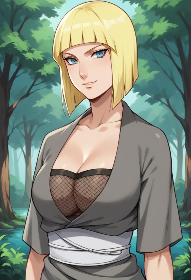 score_9, score_9_up, score_8_up, Expressiveh, raw, gorgeous, highly detailed, <lora:Samui-000005:1>, samui, blonde hair, bob_cut, large breasts, blue eyes, grey kimono, fishnet_top, forest, smiling