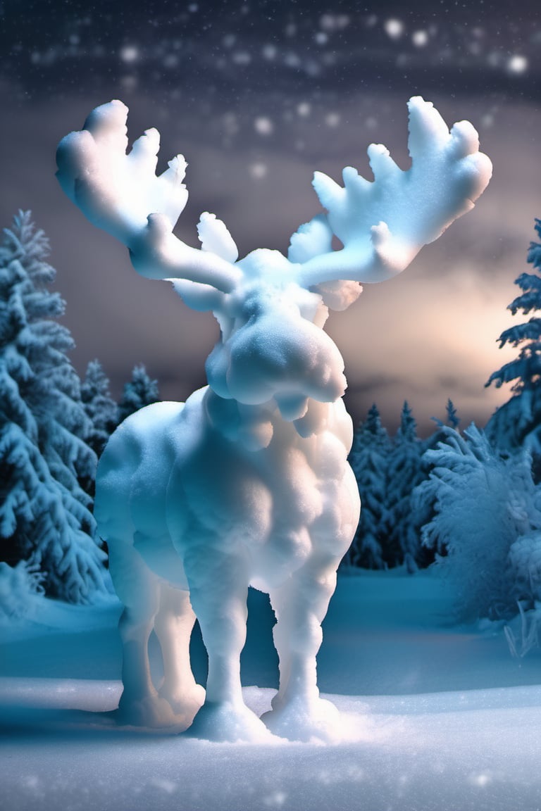 <lora:aether_snow_test_2_231219_SDXL_LoRA_1e-6_128_dim_70_epochs_epoch_65:1> photo of an moose made of snow, cinematic night