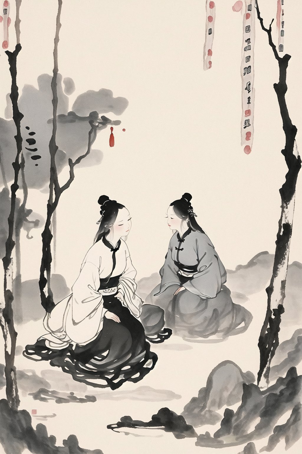 <lora:水墨元素:1>,chinese ink and wash painting,in a meadow,ancient women in china,