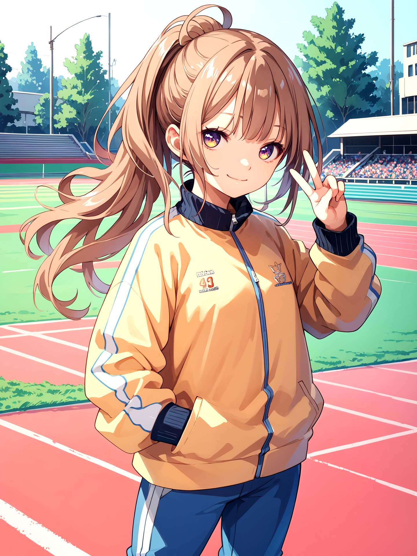 score_9,score_8_up,score_7_up,score_6_up,best quality,amazing quality,very aesthetic,1girl,solo,hand_in_pocket,ponytail,purple_eyes,brown_hair,looking_at_viewer,nakagawa_natsuki,smile,blue_pants,pants,closed_mouth,long_sleeves,yellow_background,v,jacket,long_hair,hand_up,standing,blue_jacket,simple_background,track_jacket,bangs,track_pants,track_suit,two-tone_background,