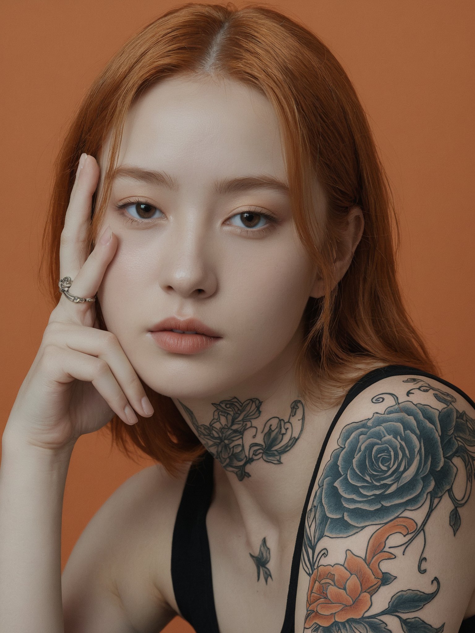 1girl,a woman in with a red background and orange hair, (18-year-old Eastern European), looking towards the viewer, tattoos, in the style of elsa bleda, whiplash abramovi, marina, ren hang, fluorescent colors, dark orange and light orange, polaroidcore,