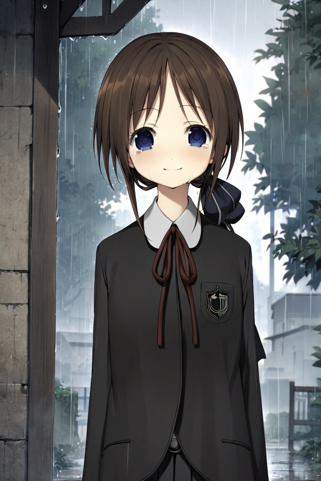 ((cowboy shot)), rain, sad, tortinita fine, 1girl, solo, ponytail, smile, tears, darkblue hair-ribbon, school uniform, (masterpiece, high-quality, breathtaking, highres, ultra detailed), (expressive eyes, perfect face) <lora:Tortinita Fine:1> <lora:Fixhands_anime_bdsqlsz_V1:1>