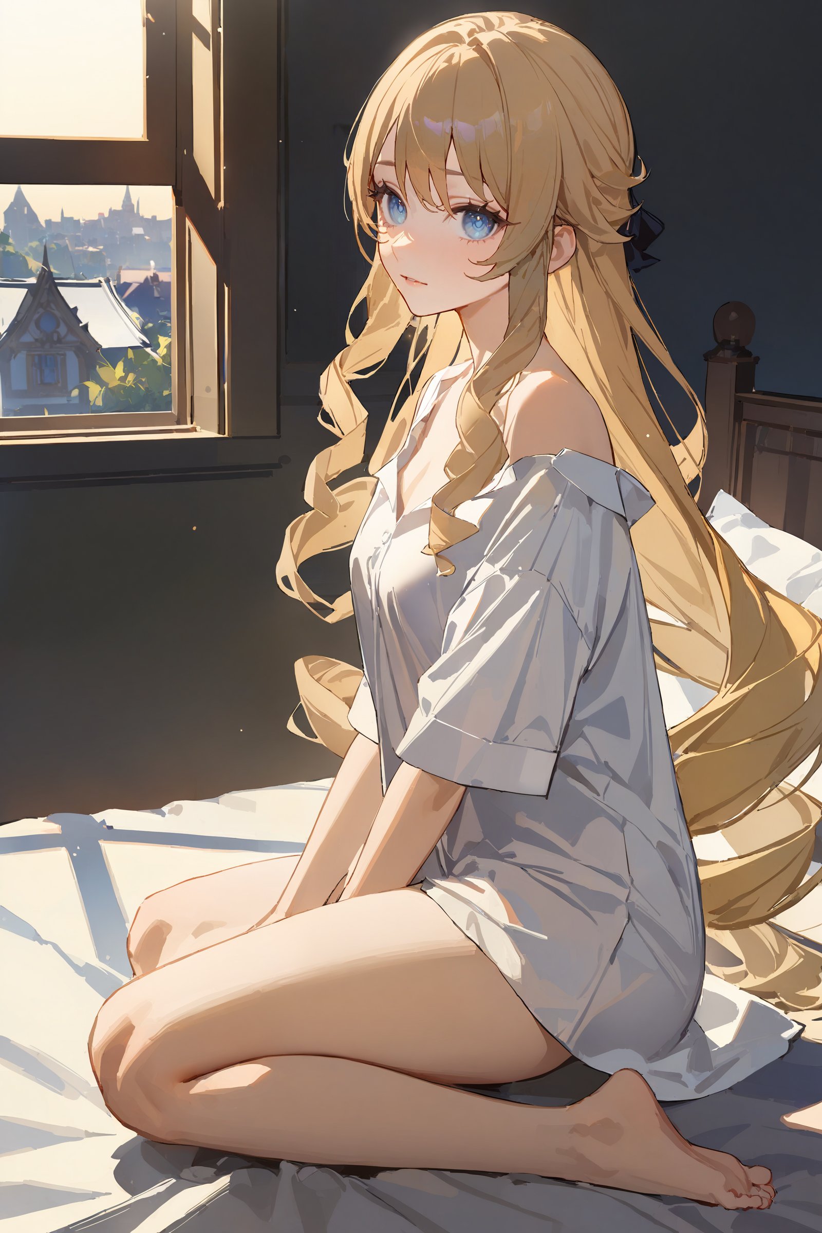 masterpiece, best quality, very aesthetic, ray tracing, newest, (hitenkei, askzy:0.4), 1girl, navia \(genshin impact\), solo, (oversized shirt, white shirt:1.2), off shoulder, looking at viewer, messy hair, kneeling, barefoot, bedroom, bed, window, depth of field  <lora:EnvyBetterHiresFixXL01:0:hr=1>,  <lora:Char-Genshin-Navia-XL-V1:0.8>