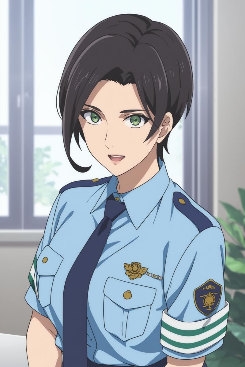 yumihara saki, black hair, short hair, green eyes, sakipolice, policewoman, police uniform, short sleeves, blue shirt, collared shirt, blue necktie, blue skirt, black shoes, <lora:Saki_Yumihara:0.8>, score_9, score_8_up, score_7_up, score_6_up, score_5_up, source_anime, rating_safe, medium breasts, indoors, police office, 1girl, solo, looking at viewer, <lora:age_slider_v4:3>, (upper body:1.3), standing, smile, open mouth