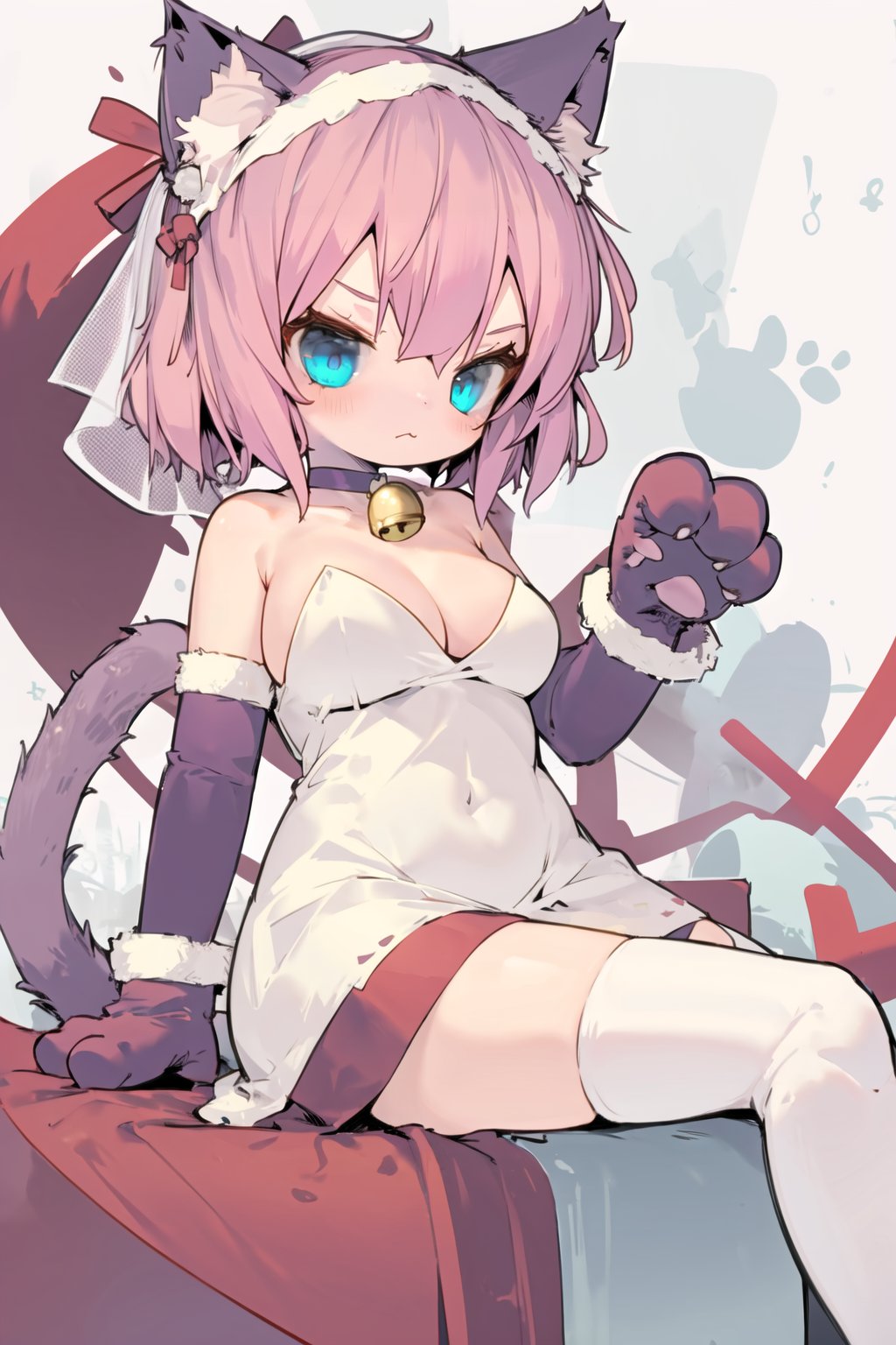 <lora:nep:1>tail, 1girl, thighhighs, bell, dress, sitting, gloves, veil, choker, solo, breasts, pink hair, animal ears, crossed legs, cat tail, neck bell, elbow gloves, animal hands, cat ears, blue eyes, white gloves, bare shoulders, jingle bell, white thighhighs, red background, paw gloves, purple dress, closed mouth