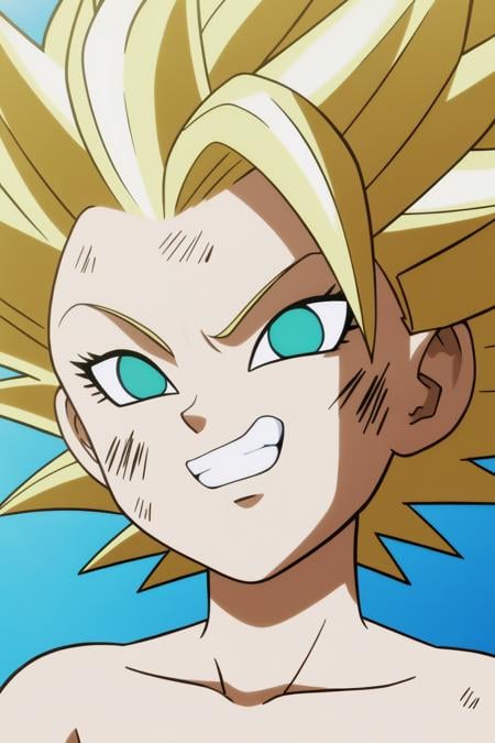 source_anime, score_9, score_8_up, score_7_up, anime screencap, 1girl, eyeliner, solo, looking at viewer, smile, blue eyes, blonde hair, grin, aqua eyes, spiked hair, clenched teeth, portrait, close-up, no pupils, super saiyan, caulifla, from below, looking ahead, bruise on face, bruise <lora:caulifla_pony_v1:0.8>