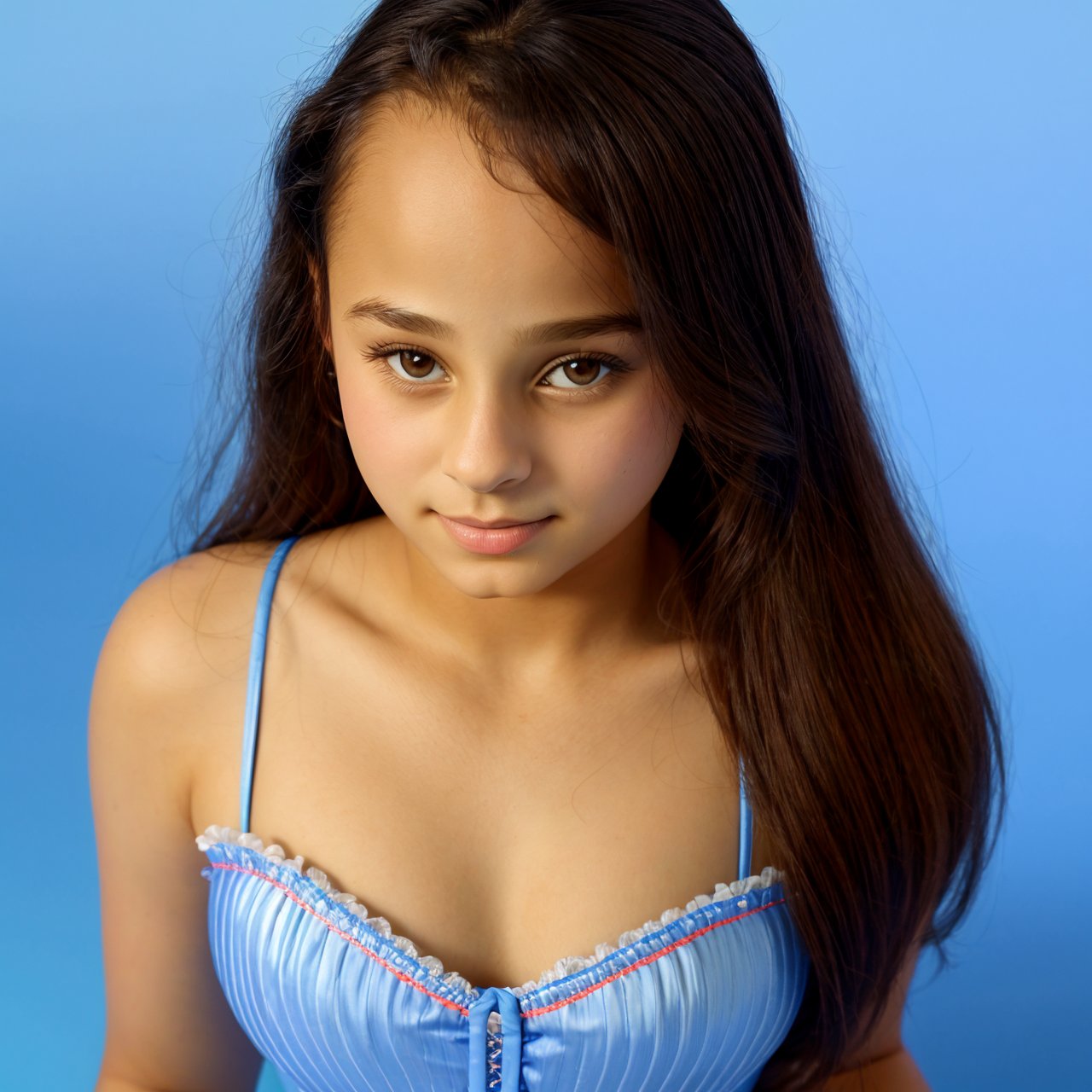 SFW, wallpaper, view from above of calm (AIDA_LoRA_SabiC:1.2) <lora:AIDA_LoRA_SabiC:0.70> wearing corset and posing for a picture on noisy blue background, young teen girl, pretty face, parted lips, dramatic, hyper realistic, studio photo, kkw-ph1, hdr, f1.5