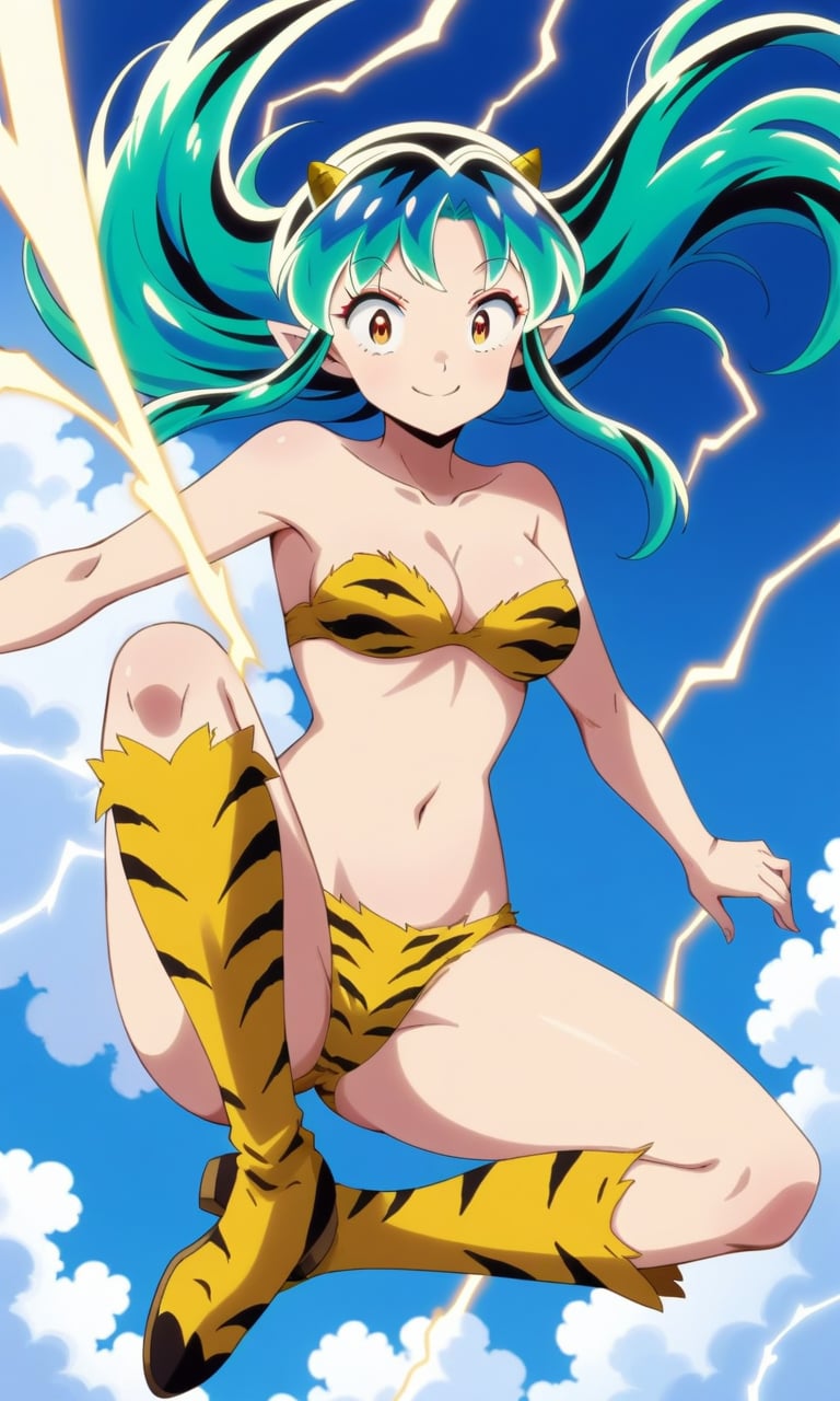 (masterpiece, highres, high quality, very aestethic, intricate details), 1girl, anime style, lumxl, lum, long hair,green hair, aqua hair, multicolored hair, oni, cone horns, pointy ears, animal print, tiger print, bikini, trapless bikini, navel, medium breasts, boots, orange eyes, yellow bikini, print bikini, flying, blue sky, ((electricity)), smile, dynamic angle<lora:EMS-343458-EMS:1.200000>