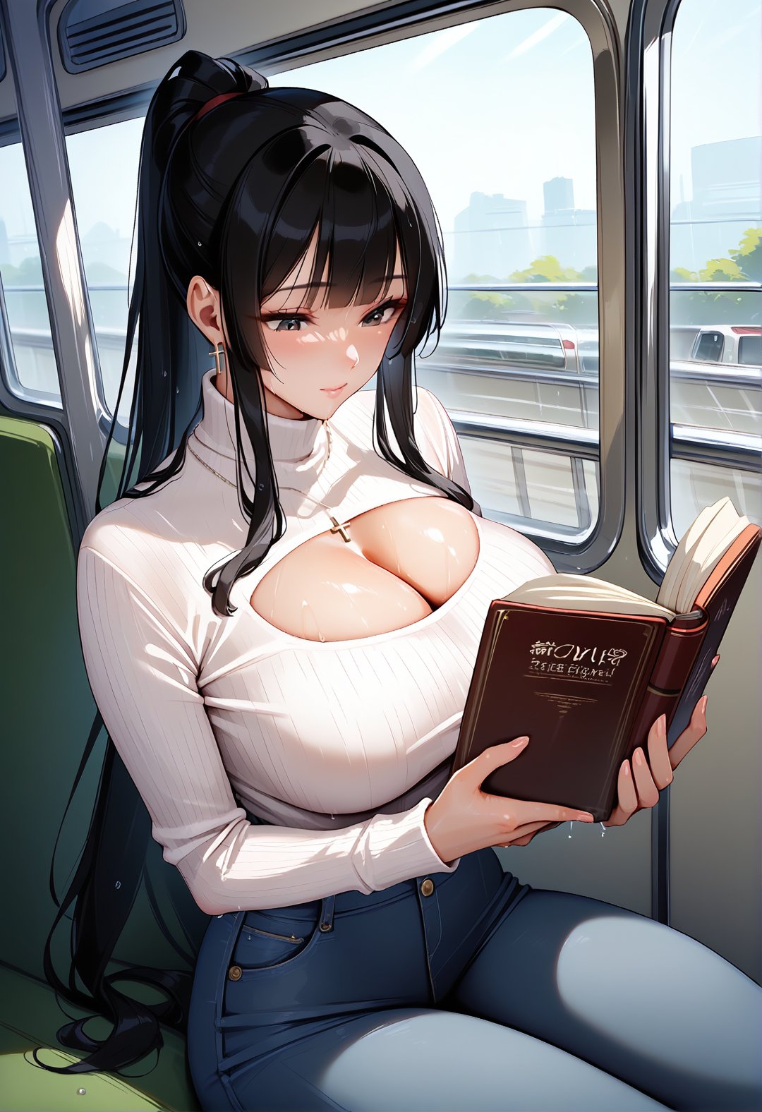 score_9, score_8_up, score_7_up, score_6_up, source_anime, <lora:CKS 0.2v:1>, cksxin,1girl, solo, book, breasts, reading, sitting, pants, ponytail, black hair, jeans, denim, white sweater, holding book, sweater, cleavage, jewelry, holding, open book, clothing cutout, cleavage cutout, turtleneck, necklace, train interior, turtleneck sweater, bangs, wet, large breasts, long hair, wet clothes, window, black eyes, long sleeves, closed mouth, open-chest sweater, looking down, cross, indoors, ribbed sweater, blunt bangs, meme attire, high-waist pants, wooden surfaces,