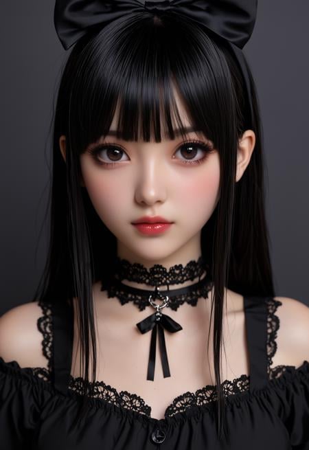 a cute girl with black hair and bangs, wearing gothic , choker necklace around neck, ribbon on headband