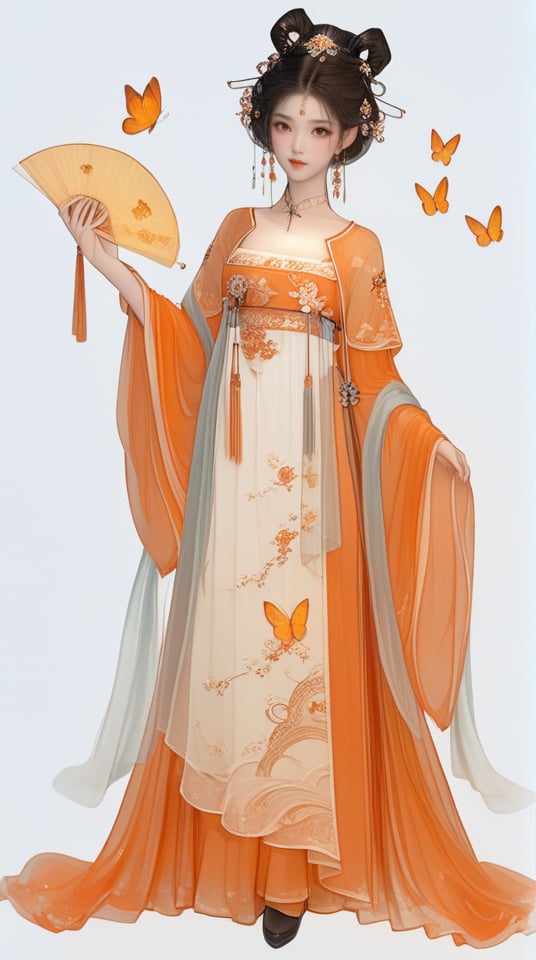 (best quality), ((masterpiece)), (highres), illustration, original, extremely detailed,   <lora:武侠与剑仙:0.7>1girl, solo, hand fan, butterfly, bug, holding fan, white background, holding, jewelry, dress, full body, chinese clothes, hair ornament, earrings, simple background, long sleeves, hanfu, orange dress, looking at viewer, folding fan, standing, hair bun