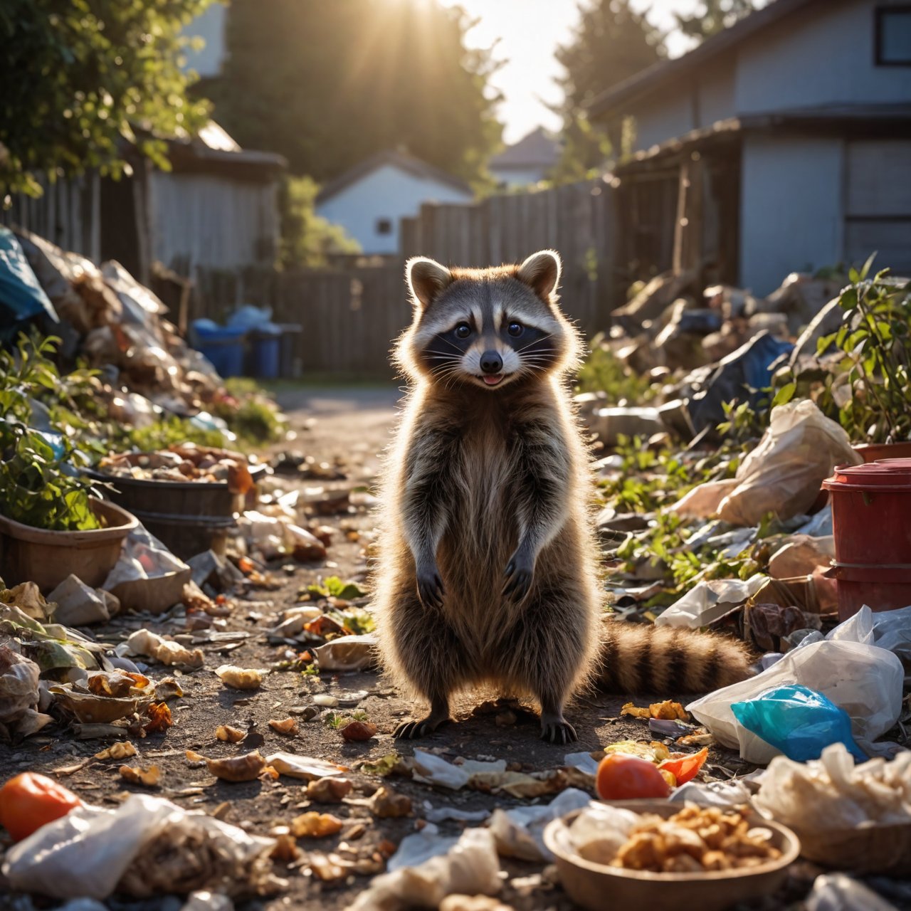 Closeup,thumb-up,a cute fluffy raccoon in the middle of a hoarder's front garden full of garbage and food scraps,the raccoon in the middle of the garbage is happy and laughs into the camera,thumb up pose,very detailed,hd,RAW photograph,masterpiece,top quality,best quality,official art,highest detailed,atmospheric lighting,cinematic composition,complex multiple subjects,4k HDR,vibrant,highly detailed,Leica Q2 with Summilux 35mm f/1.2 ASPH,Ultra High Resolution,wallpaper,8K,Rich texture details,hyper detailed,detailed eyes,detailed background,dramatic angle,epic composition,high quality,(8k, RAW photo, highest quality),hyperrealistic,