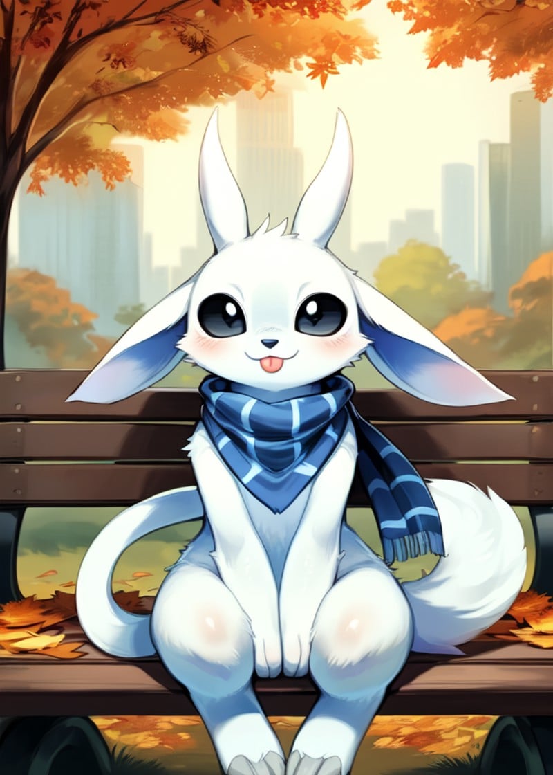 (by Studio Ghibli, by Kemokin Mania, by Rikose, by Tofu Froth),solo (fluffy ori \(ori\):1.25), (white fur, tail, black eyes),(white hooves, blue pattern scarf, blep:1.25),(sitting on bench, three-quarter portrait, front view:1.25),BREAK,(park, plant, city, autumn day:1.2),(detailed background, depth of field, shadow, sunlight, ambient silhouette, backlighting),masterpiece, best quality, 4k, 2k, (high detail, shaded:1.25), absurd res