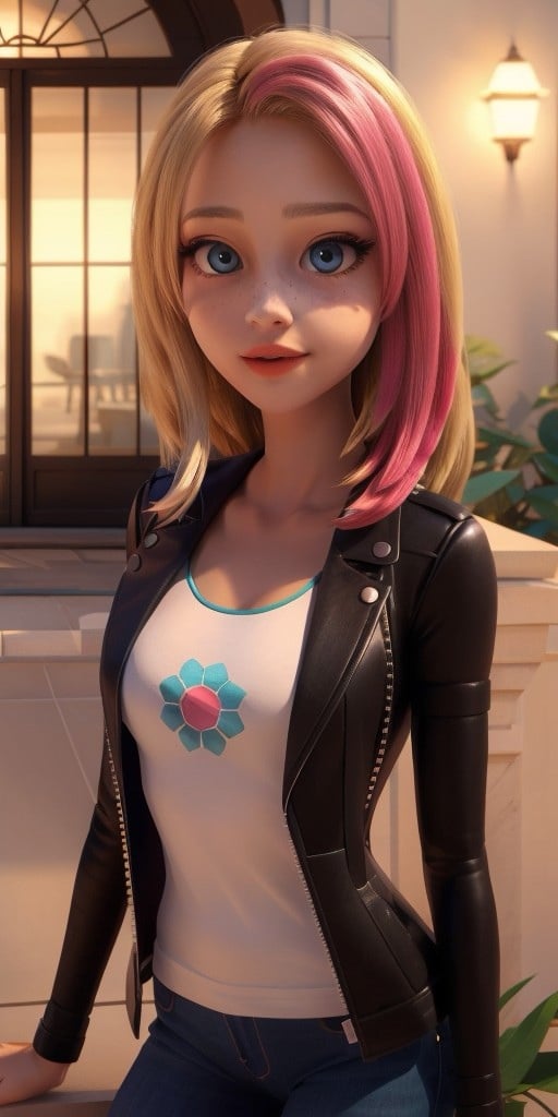 Hyperrealistic, photorealistic, super detailed, black unbuttoned jacket, white T-shirt, bright yellow jeans, vivid shade of azure eyes, shoulder length sandy blonde hair that has significantly shorter bangs with the ends reaching her shoulders, (hot pink dyed strands on the left side), light freckles, coral lips, body like in real life, large pores, peach skin tone, slender, beautiful arms, very little very flat breasts, unreal engine, octane render, droped shadow, bokeh, cinematic lighting, <lora:add_detail:0.5>, <lora:Volumetric_lighting:0.6>, Zoe Lee, , <lora:9c5d584a-ab50-49af-9d50-d339318f14f4:0.7>