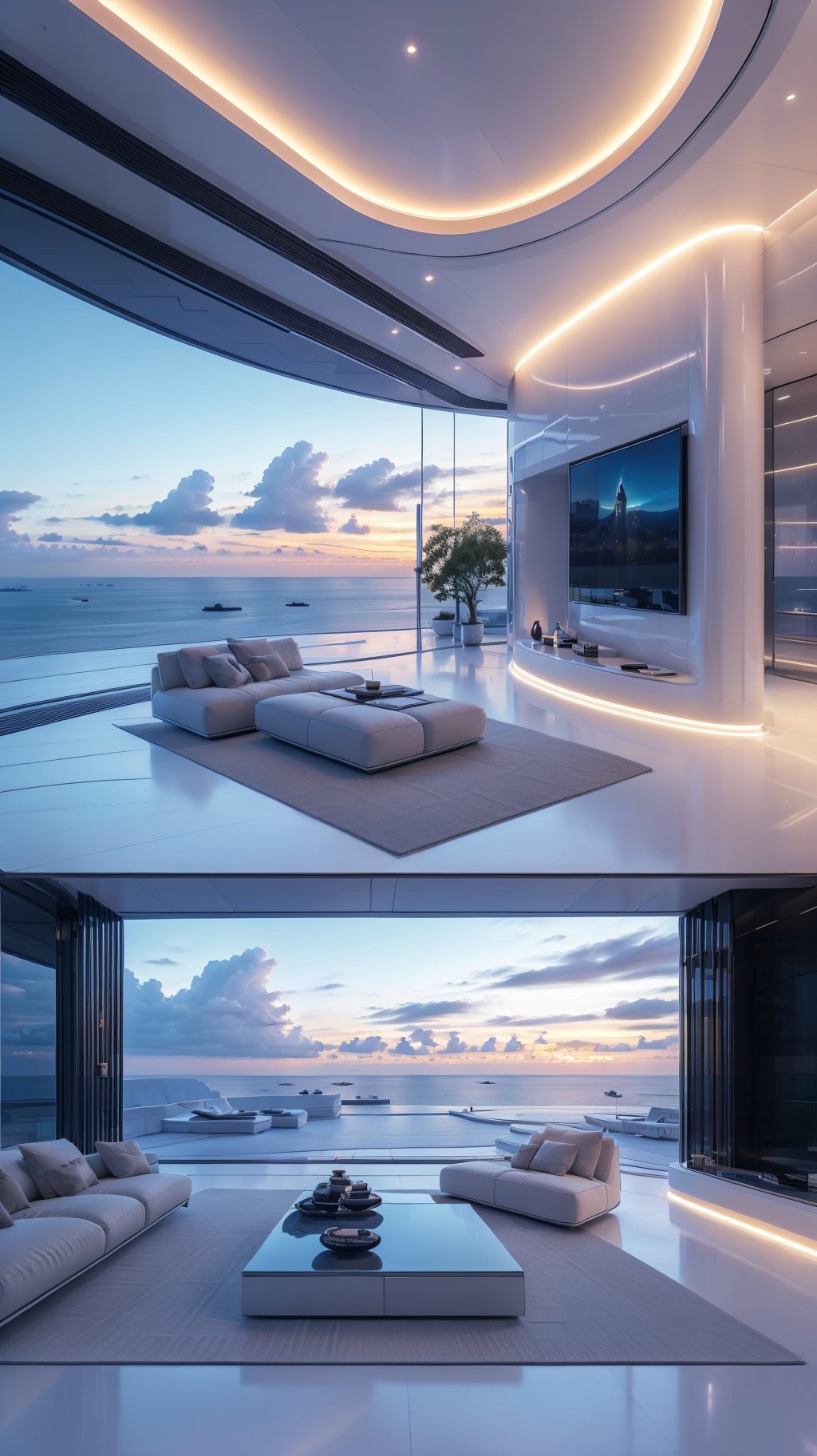 high-tech and innovative features, smart home automation system, virtual reality entertainment room, breathtaking views of the ocean and skyline, in a futuristic mansion,SHSJ 