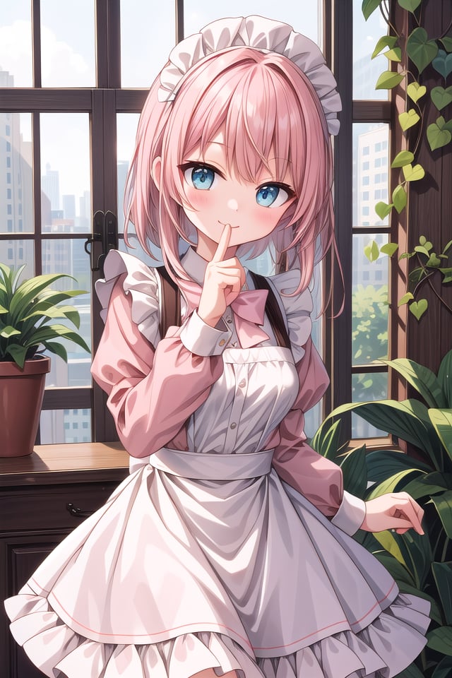 insanely detailed, absurdres, ultra-highres, ultra-detailed, best quality,1girl, solo, nice hands, perfect hands,BREAKapron, blush, bow, bowtie, frilled apron, frills, long sleeves, maid, maid apron, maid headdress, waist apron, white apronBREAKsmile, closed mouthBREAKfinger to mouth, index finger raised, shushing, cowboy shot, looking at viewer,BREAKslender, kawaii, perfect symmetrical face, ultra cute girl, ultra cute face, ultra detailed eyes, ultra detailed hair, ultra cute, ultra beautiful,BREAKday, flower, ivy, leaf, indoors, open door, plant, potted plant, vines, window,BREAKwhite (pink:1.2) hair, green eyes, long hair, medium breasts, bangs, eyebrows visible through hair,