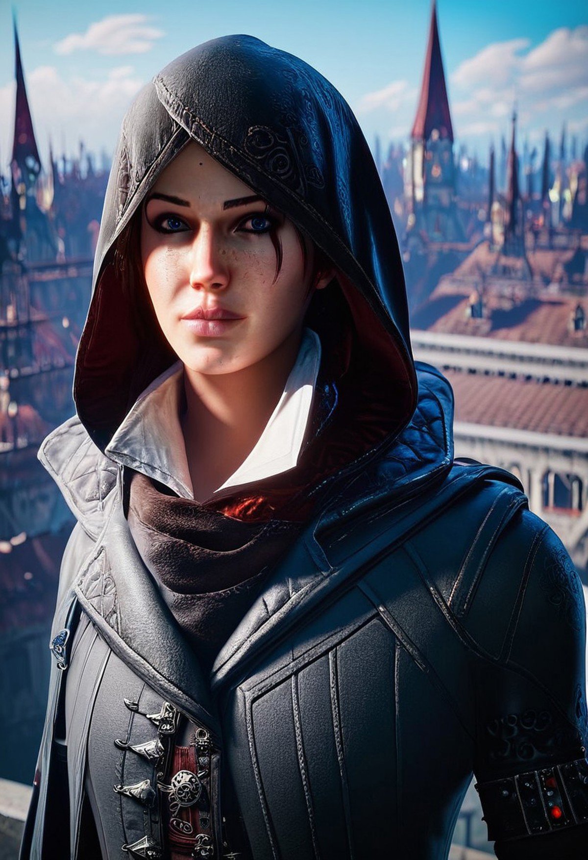 score_9, score_8_up, score_7_up, score_6_up, EV_FRYE, 1girl, solo, beautiful woman, blue eyes, brown hair, lips, hood, hood up, assassin robes, full body, realism, realistic, portrait, rooftop, masterpiece, 4K