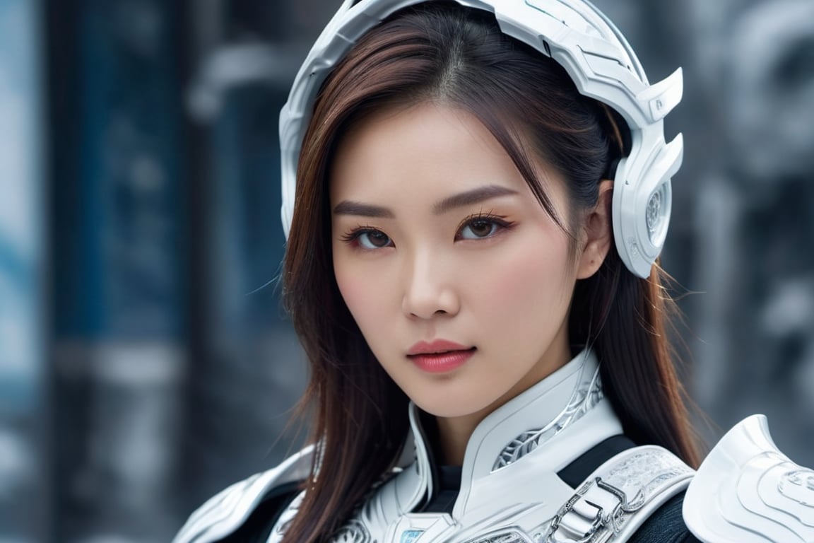 Best quality, high resolution, 8k, photorealistic, sharp focus, realistic image of a chinese lady, wearing white future armor, ice theme<lora:EMS-86248-EMS:0.300000>