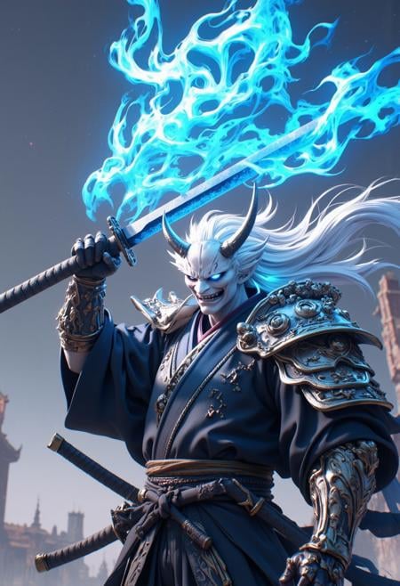 (A white Oni with blue smoke, holding up his sword in the air, wearing silver armor and kimono. Detailed illustration with a dynamic background in the style of fantasy art. A digital painting concept design showing a close up shot with ultra high resolution and high detail in sharp focus. An intricate studio photo shoot with highly detailed sharp focus and high quality:1.2), hkwarrior, mythp0rt