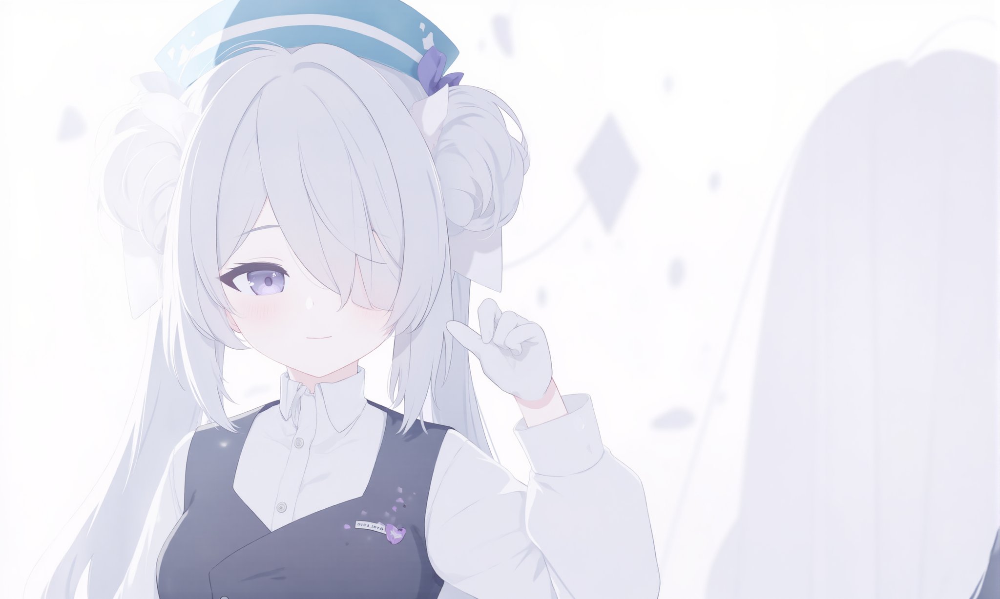 1girl,    shirt, virtual youtuber, long hair, grey hair, twintails, parted lips, upper body, white gloves, looking at viewer, blue headwear, white background, wolf cut, black vest, sidelocks, purple eyes, hand up, vest, smile, grin, alternate hairstyle, gloves, hair over one eye, white shirt, solo, eyes visible through hair <lora:BastylrV2:1>