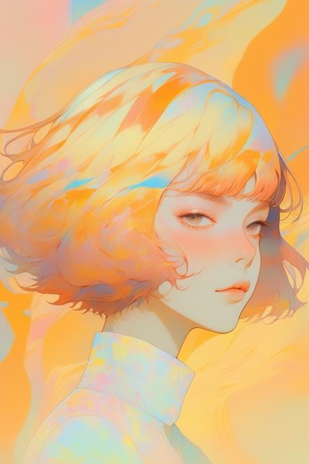 ghibli ,(1girl ), ,,lip, hairpin,custard, copper gradient background, Psychedelic hair,Short bob hair, Supple ,Contemporary ,Dusan Djukaric, (masterpiece,best quality,niji style)