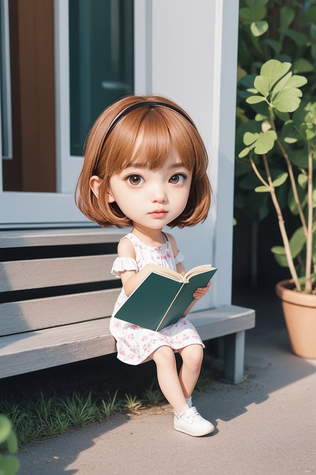 1girl,full body,indoors,reading book,chibi,outdoors, 