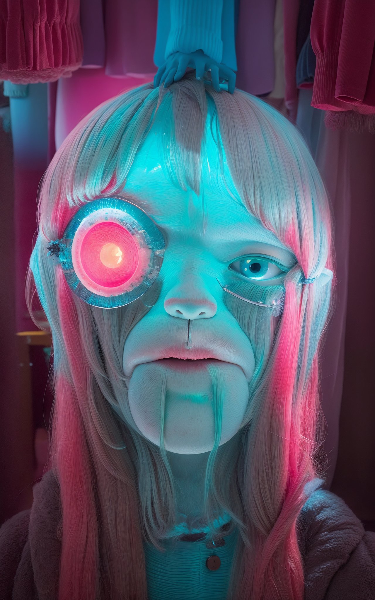 Frightening, key visual, Kingcore, anaglyph effect, Creepy Charming Sasquatch, Cold Colors, moody lighting, Light, Depressing, Acid colors palette, Dragoncore, Embarrassing, fluorescent blue and electric pink neon hue, Fantasy, natural lighting, Horror