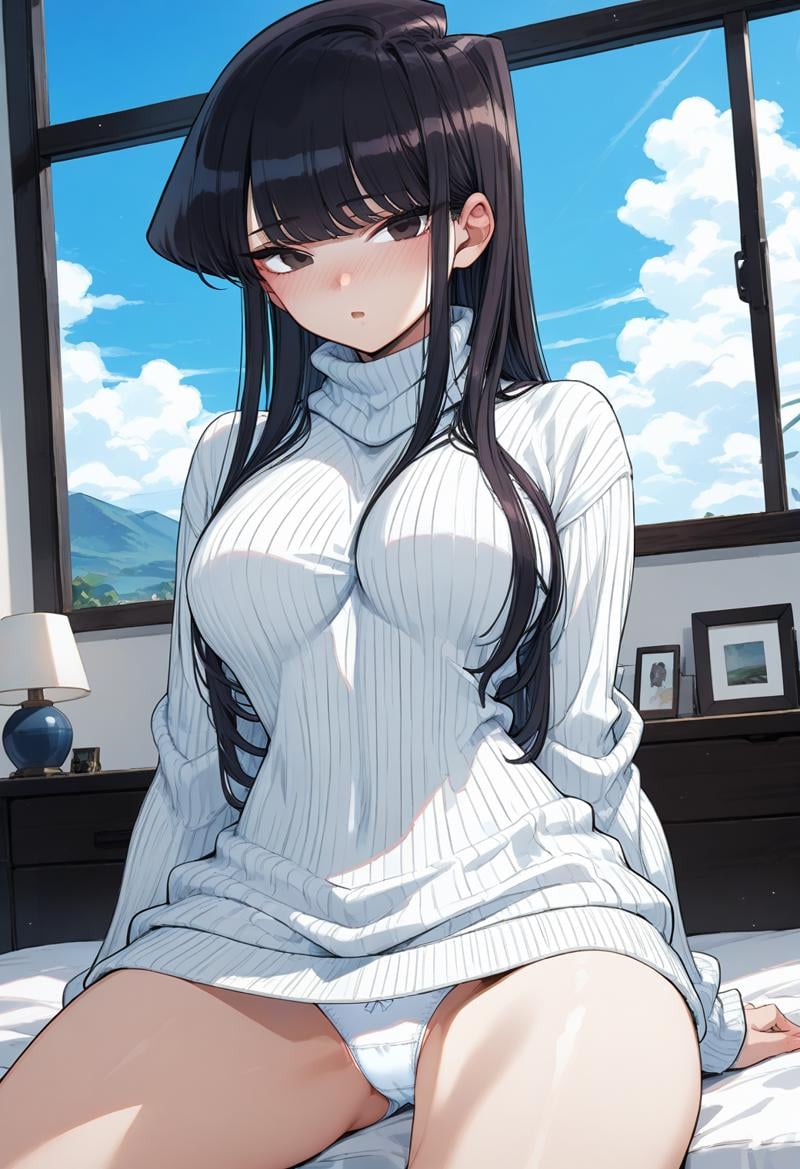 1girl, solo, (bedroom:1.2), (sky:1.2), (cowboy shot:1.4), (nose blush:1.2), open mouth, looking at viewer, (sitting:1.2), white panties, komi_shouko, black eyes, black hair, long hair, sweater dress, ribbed sweater, white sweater, turtleneck, <lora:komi_shouko_pony_ver2:0.8>, score_9, score_8_up, score_7_up, source_anime, best quality, uncensored,