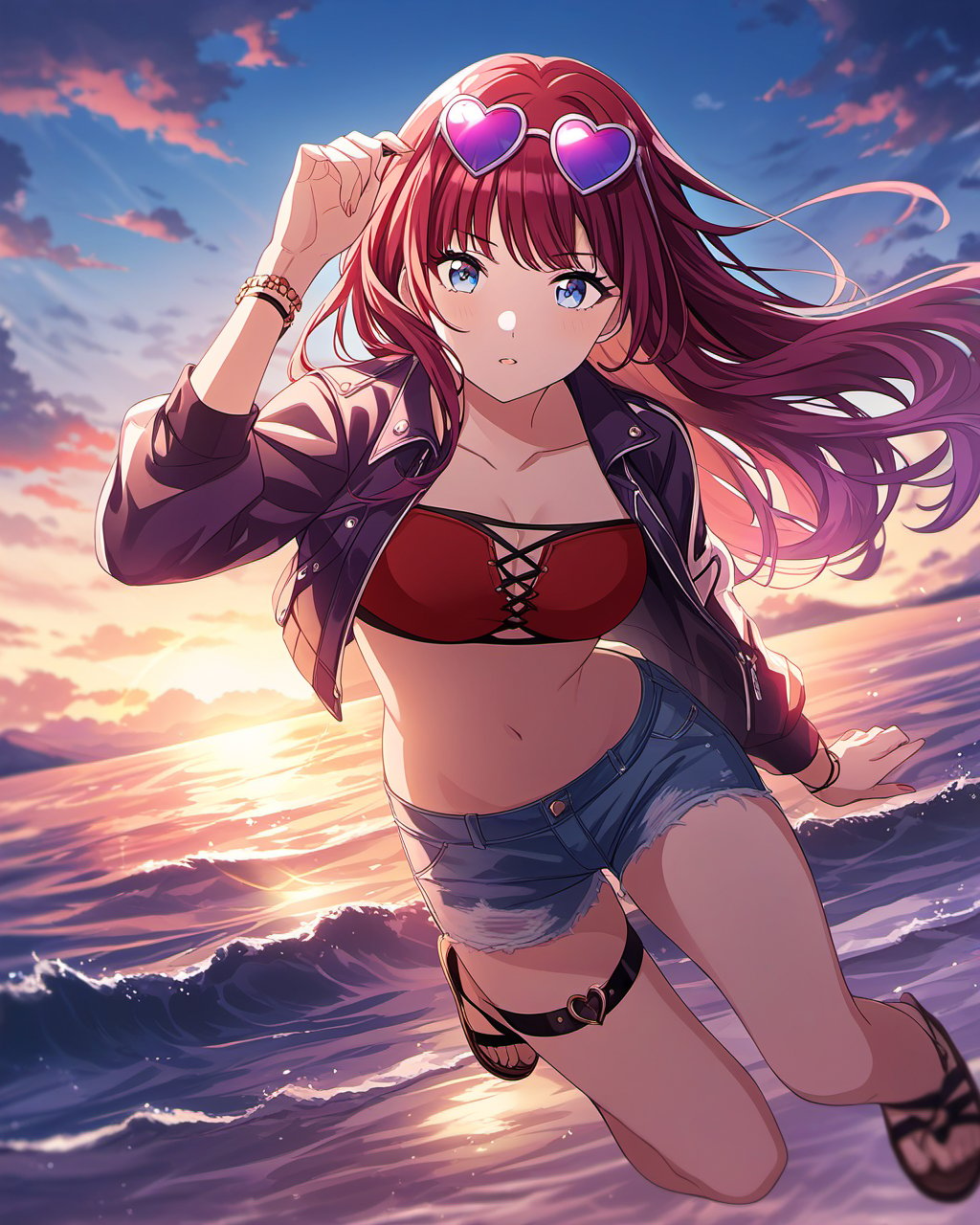 very aesthetic,aesthetic,(amazing quality),best quality,hight,hight quality,masterpiece,highres BREAK beautiful eyes,luminous eyes,gentle eyes,Volumetric Lighting,Cinematic Lighting,oil_painting,((classicism)),depth of field,1girl,long hair,sandals,purple hair,jacket,eyewear on head,cropped jacket,swimsuit,red bandeau,denim shorts,sunglasses,thigh strap,heart-shaped eyewear,heart,open clothes,red hair bow,sea,sky,water,clouds,wind,<lora:snclstyle-A3:0.7>,snclstyle,blurry,depth_of_field,blurry_foreground,fantasy,floral_background,