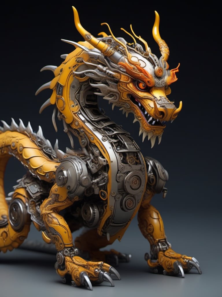 jixie,This is a mechanized Chinese dragon with a cyberpunk style. The dragon's body fuses gears,cogs,and mechanical parts,suggesting a fusion of mythical imagery and industrial design,<lora:仿生机械V1:0.7>,