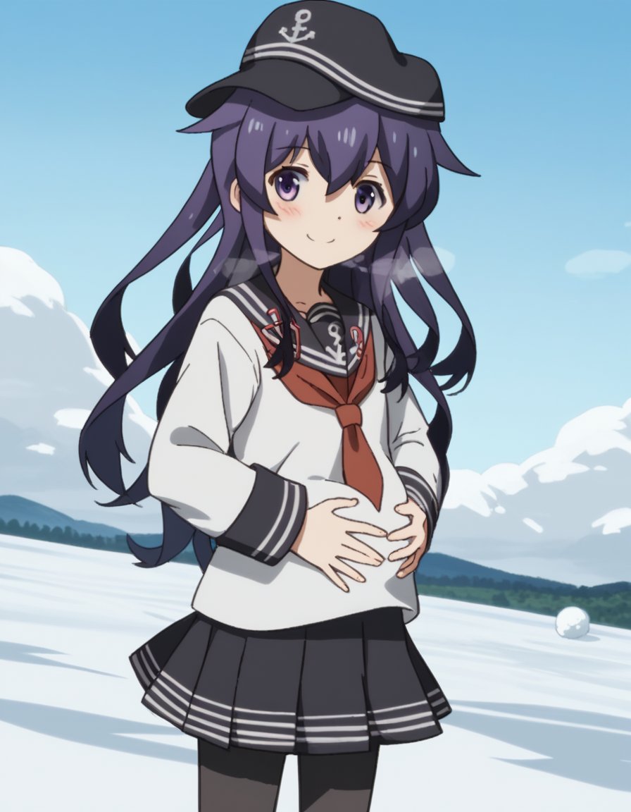 score_9, score_8_up, score_7_up, source_anime, <lora:kancolle-akatsuki-s1-ponyxl-lora-nochekaiser:1>, akatsuki, long hair, hair between eyes, purple eyes, purple hair, akatsuki (kancolle), skirt, shirt, long sleeves, hat, school uniform, pantyhose, pleated skirt, serafuku, black skirt, sailor collar, neckerchief, black pantyhose, red neckerchief, anchor symbol, flat cap,, snow day, winter clothes, snowball fight, laughter, cold breath, white landscape, smile, looking at viewer, hand on stomach, blush,, solo,, cowboy shot, dutch angle