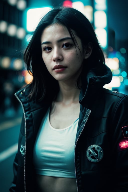 masterpiece, best quality, japanese actress, wearing cyberpunk jacket, photorealistic, upperbody, low lighting, big city, RAW PHOTOGRAPHY, attractive face
