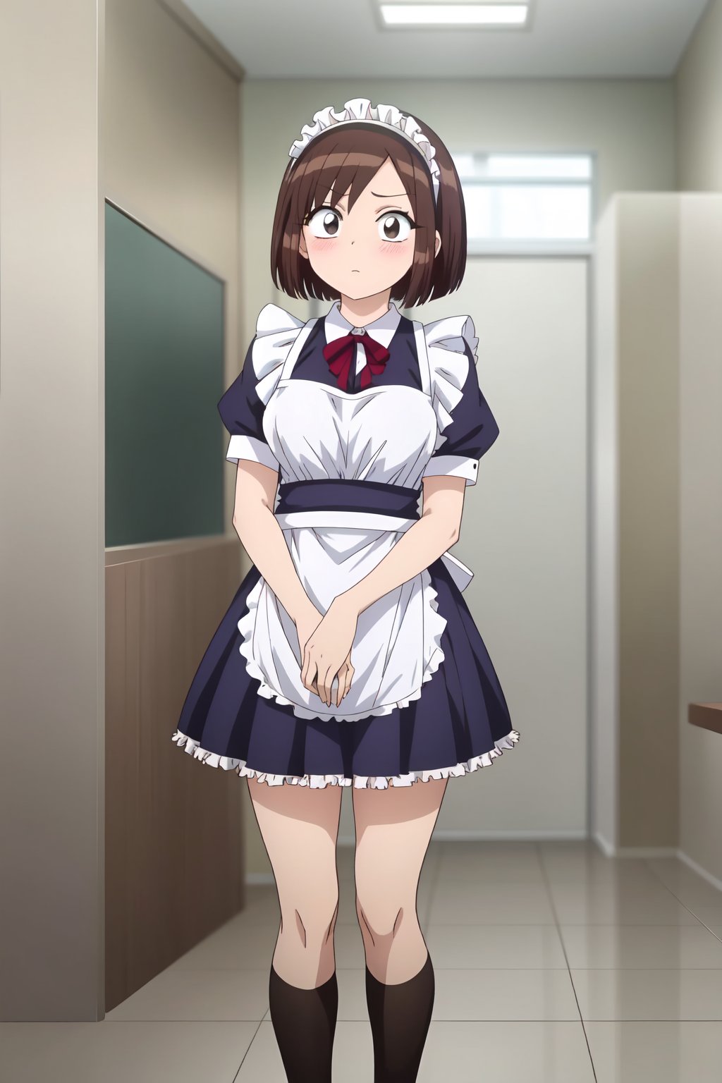 Ayami Sasaki, 4k, absurd, high resolution, ultra high resolution, high definition, masterpiece, illustration, 2d, anime style, 1 girl, alone, looking at viewer, blushing, short hair, brown hair, long stockings, dress, brown eyes, standing, short sleeves, ruffles, puffed sleeves, apron, black dress, white long stockings, zettai ryouiki, maid, maid headdress, bob cut, ruffled dress, white apron, maid apron, ruffled apron<lora:EMS-466062-EMS:0.800000>