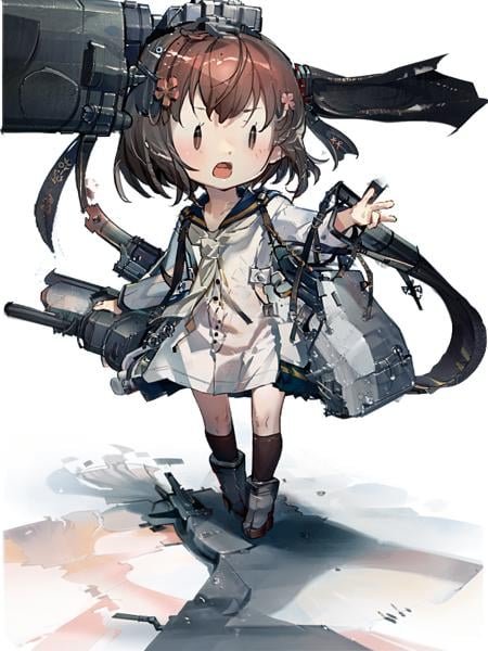 fairy \(kancolle\), yukikaze \(kancolle\), 1girl, solo, grey neckerchief, rudder footwear, sailor dress, dress, flower, neckerchief, white background, sailor collar, binoculars, speaking tube headset, full body, torpedo launcher, simple background, black sailor collar, socks, turret, cherry blossoms, machinery, white dress, kneehighs, standing, rigging, long sleeves, adapted turret, blue sailor collar, torpedo tubes, open mouth, anchor symbol, torpedo, original, intricate detail, illustration, masterpiece, extremely detailed CG unity 8k wallpaper, highlight, sharpening, dynamic, <lora:Fairy-3:1>,  <lora:Yukikaze-2:1>