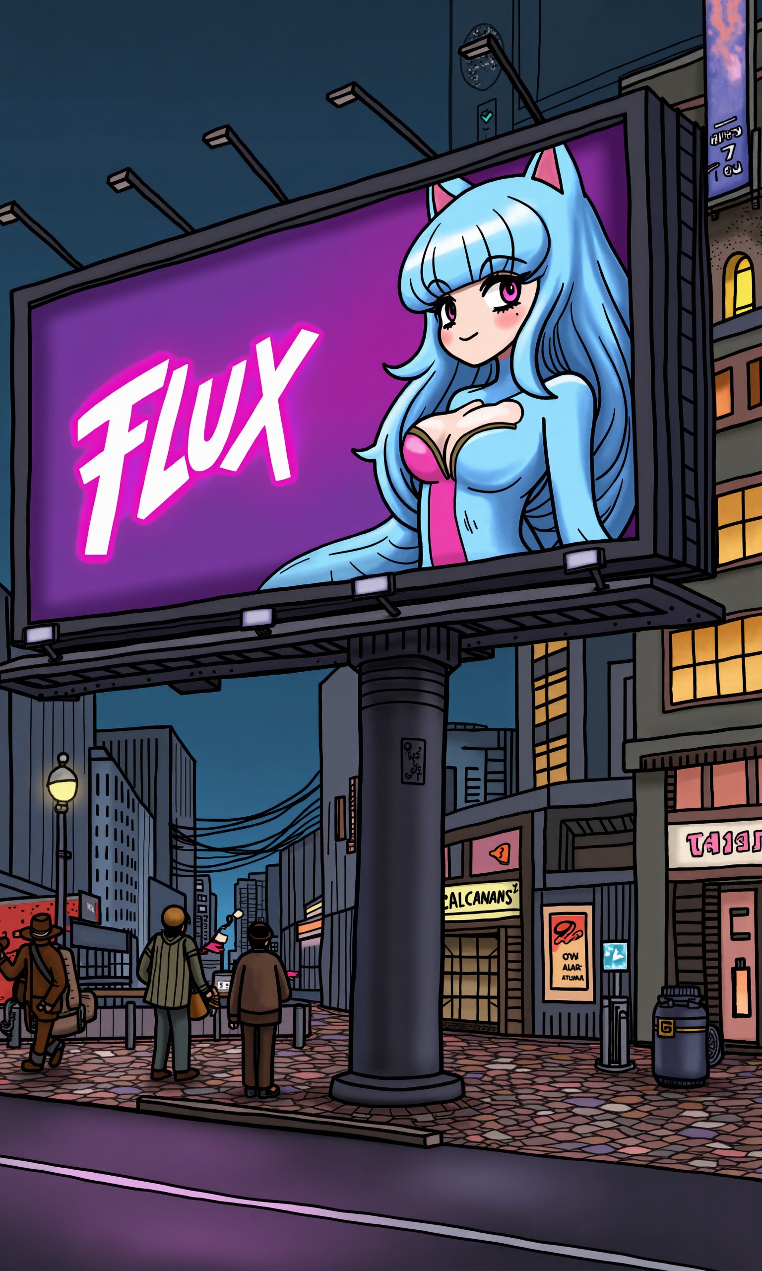 A realistic billboard in a night city cyberpunk 2077 world. The billboard shows an furry girl and the text ("Flux "),