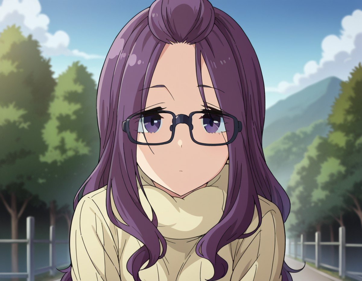 score_9, score_8_up, score_7_up, source_anime,sakurakagamihara, <lora:sakura-kagamihara-s1s2-ponyxl-lora-nochekaiser:1>,sakura kagamihara, long hair, purple eyes, purple hair, glasses, black-framed eyewear, bangs pinned back,long sleeves, sweater, turtleneck, ribbed sweater, turtleneck sweater, pants, denims,outdoors, nature, bent over,looking at viewer, dutch angle, cowboy shot,