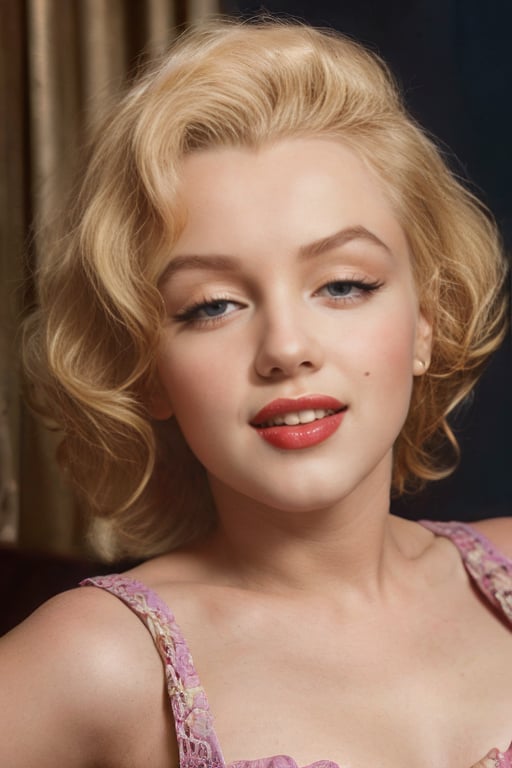 (masterpiece,best quality:1.2), high detailed,realistic,marilyn monroe with blonde hair, blue eyes, a mole on cheek, lipstick, <lora:MarilynMonroeSD_v3.0:1>